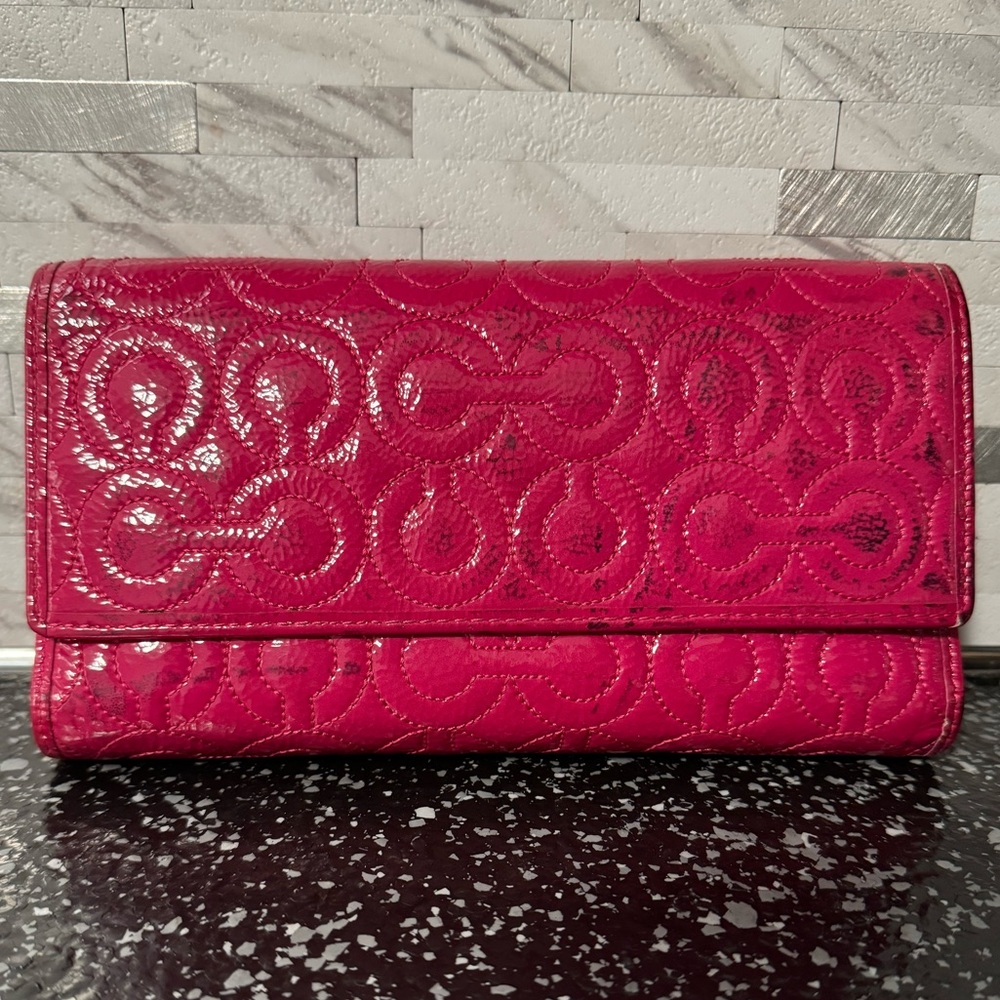 Coach 2 Pieces .Monogram Hot Pink Patent Leather Long Wallet and Checkbook Cover